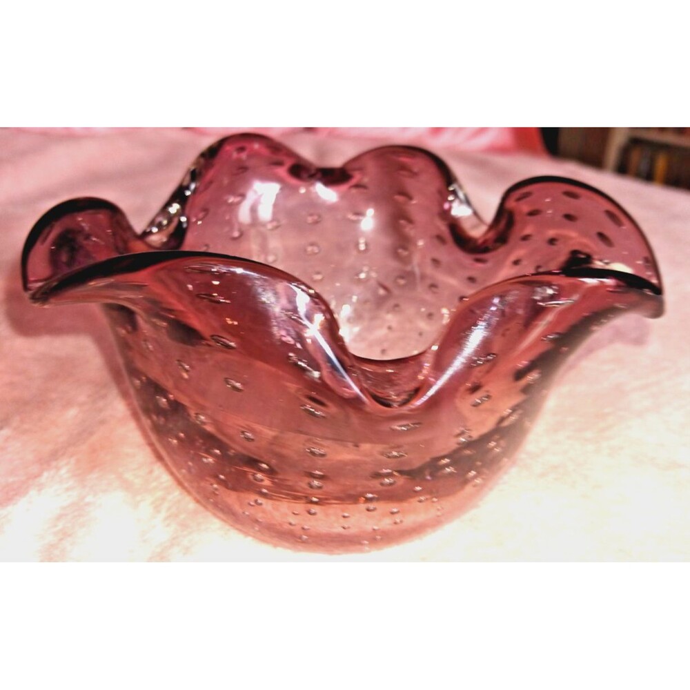 Vintage Controlled Bubbles Handblown Bullicante Bowl Ashtray Lilac Purple